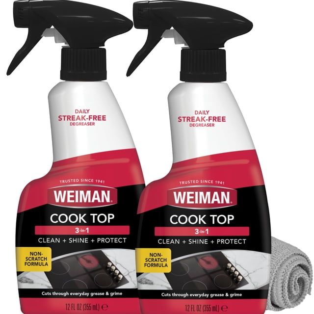 Weiman Cooktop - Limpiador diario y pulido para cerámica; vidrio; estufas de inducción con toalla de pulido de microfibra incluida; paquete de 2 unidades de 12 onzas
