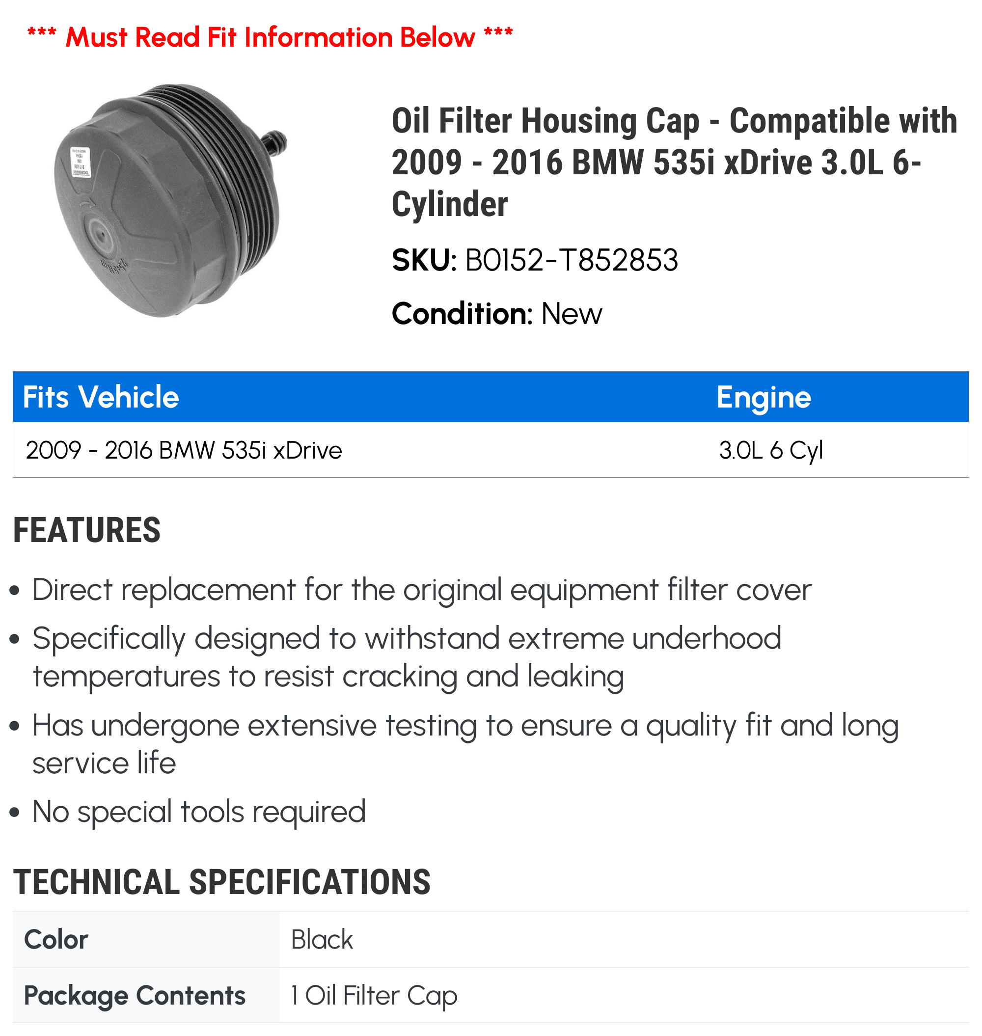 Oil Filter Housing Cap - Compatible with 2009 - 2016 BMW 535i xDrive 3.0L 6-Cylinder - Dorman