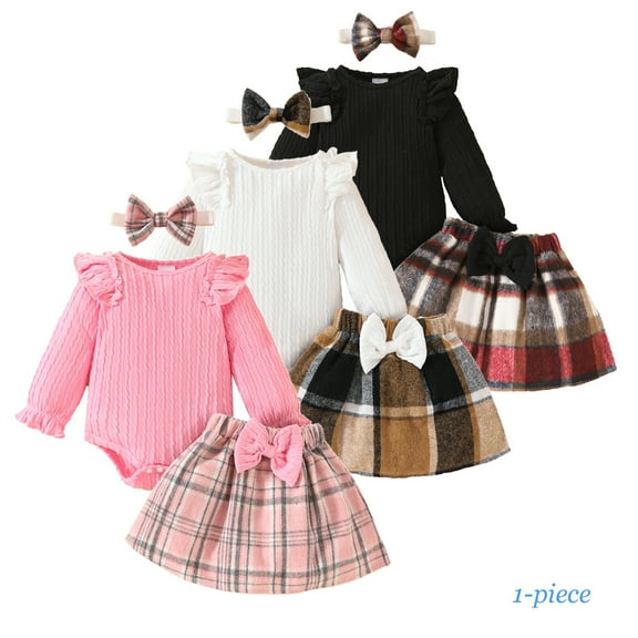Emy Dola Baby Girl Fall Outfits Newborn Ribbed Knit Romper Skirt Set Infant Ruffle Long Sleeve Bodysuit Toddler Plaid Winter Dress