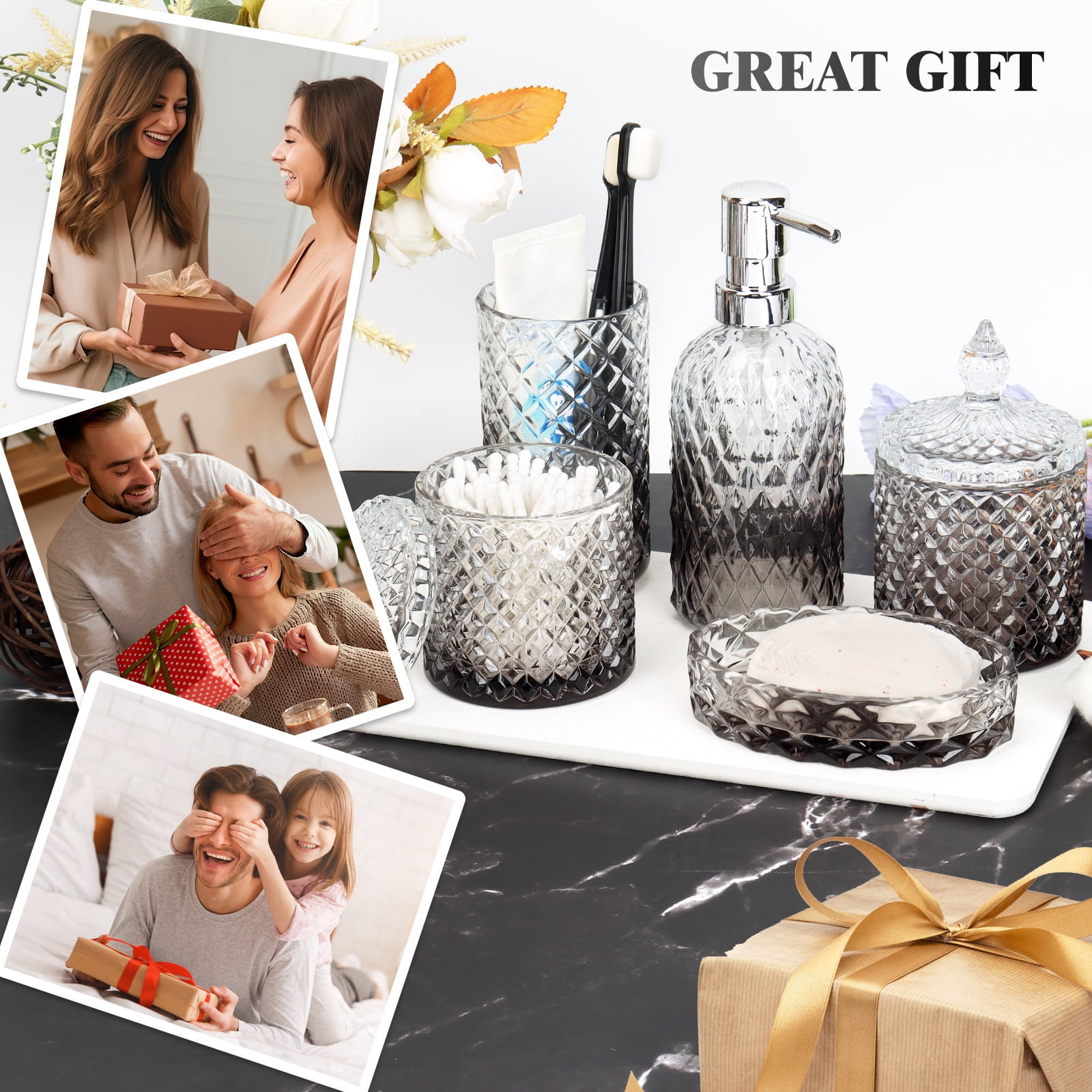 Bathroom Soap Dispenser Set, 5-Piece Glass Bathroom Accessories, Modern Bathroom Decor, Bathroom Glass Accessories Set, Gradient Light Gray