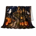 thumbnail image 2 of Enchanted Autumn Night Cottage and Pumpkins, Warm Flannel Blanket for Living Room and Family Room, Art Lovers Autumn Celebration Gift, Festive Home Decor, 2 of 9