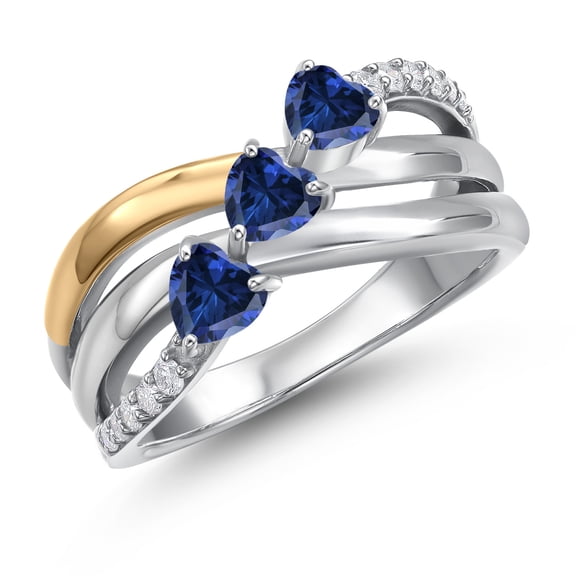Gem Stone King 925 Silver and 10K Yellow Gold Blue Created Sapphire and Lab Grown Diamond Engagement Ring for Women | 1.59 Cttw | Heart Shape Gemstone September Birthstone | Size 8