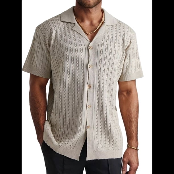 Camisa de Punto para Hombre, de Corta, , con Botones, para Vacaciones en la Playa, Informal, A Rayas, para Verano. Gris Plata XXL