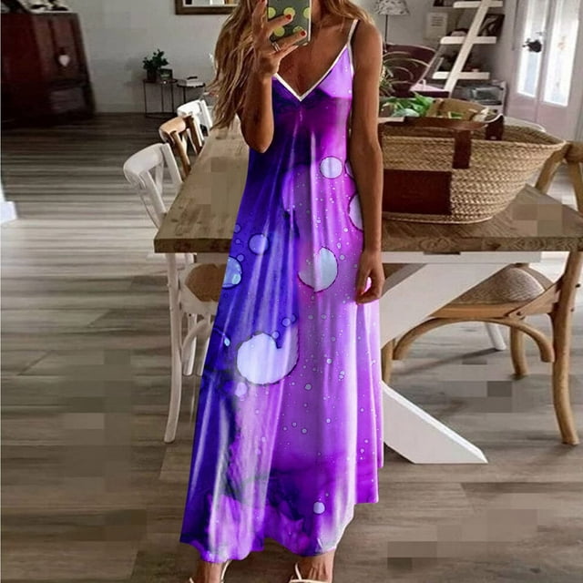 Lenago Robe Sans Manches Grande Taille pour Femmes Boho Été à Col en V Profond Robe Maxi Sans Manches pour Femmes, Robe d'Été Décontractée à Imprimé Élégante Évasée Longue Robes d'Été de Plage en Liquidation