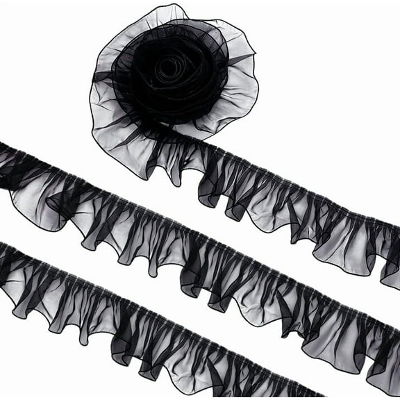 8 Yards Black Organza Ruffled Pleated 3.7 Inch Organza Ruffled Fabric Lace Fabric Trim for Sewing Dress Bag Costume Decoration Trimming Craft