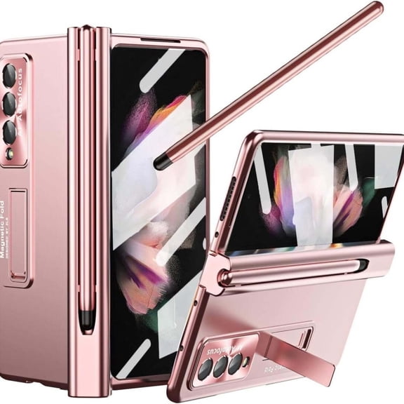 For Samsung Galaxy Z Fold 4 Case with S Pen & Pen Holder, [Hinge Protection] [Built-in Screen Protector] [Kickstand Feature] All-inclusive Slim PC Phone Case Cover for Z Fold 4 2022 - Blue,Pink