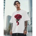 thumbnail image 4 of Men's T Shirts, Romantic Dark Red Ribbon Rose Floral T-Shirt for Men Crew Neck Tees Cotton Tops, White, 5XL, 4 of 9