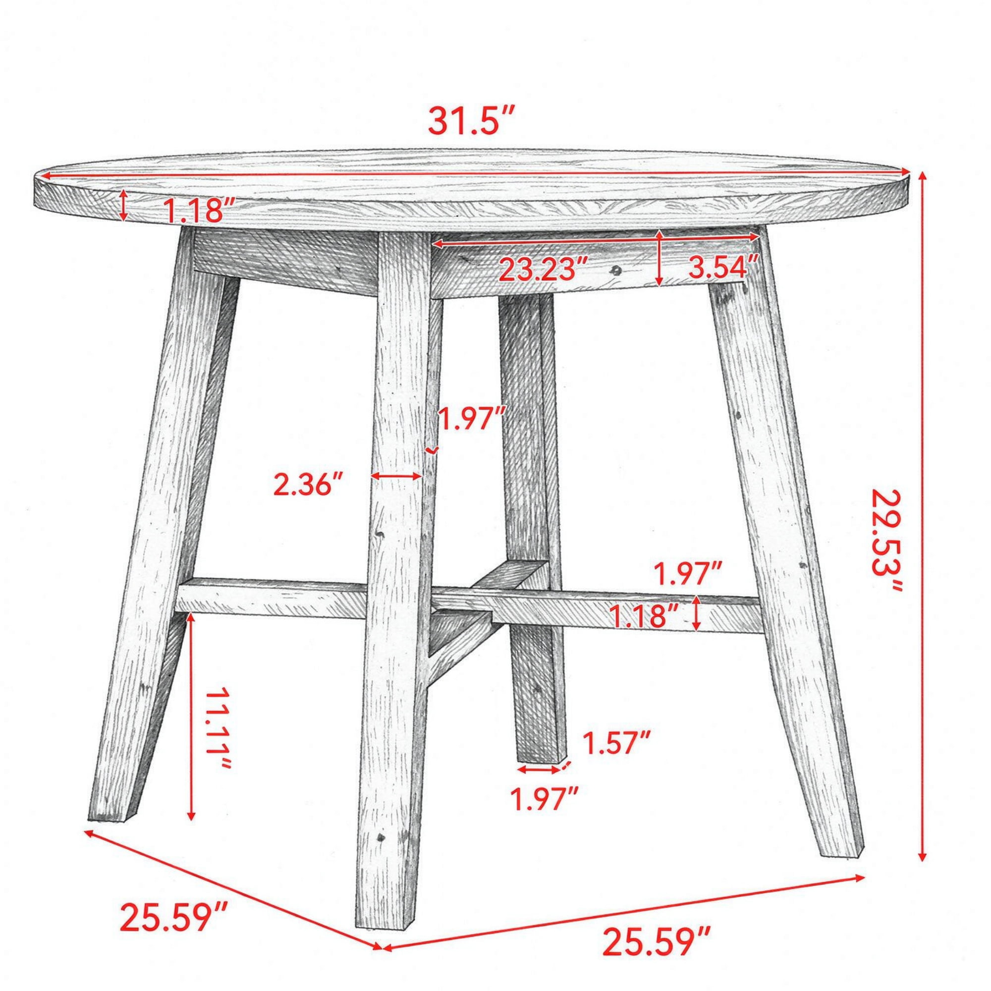 31.5 in Round Wood Dining Table, Farmhouse Style for 2-4 People
