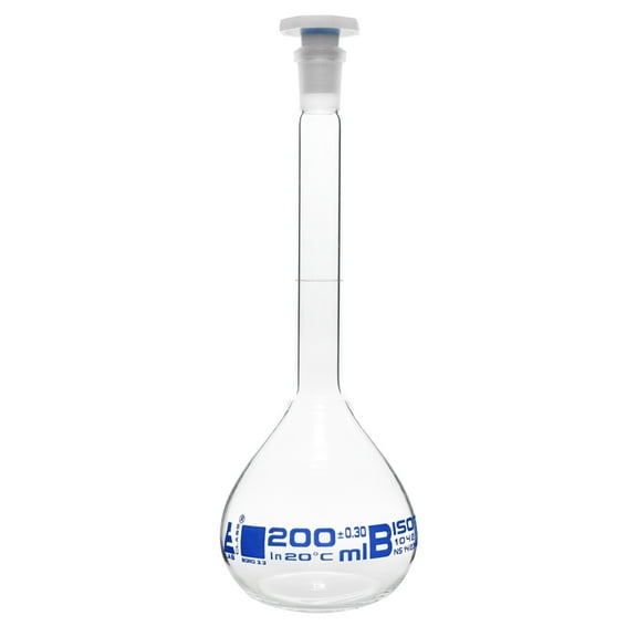 Volumetric Flask with 14/23 Stopper, 200ml - Class B - Interchangeable Joint - Borosilicate Glass - Eisco Labs