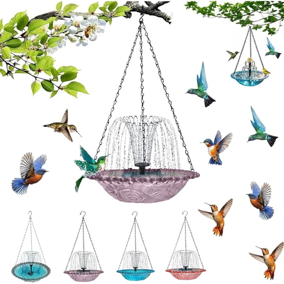 JEBTBFZE Solar Cascade Hanging Bird Bath Fountain, Weatherproof & Easy to Maintain, 9.84''W Cascade Glass Water Bowl with Solar Powered Pump for Outdoors Garden Patio Backyard Lawn Decor (Pink)
