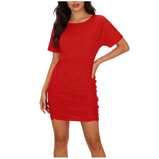 Vestido de Denim de Manga Corta Mujeres de Color Sólido Francés Cuello Redondo Manga Temperamento Estilo Corto Cadera Abrazar Falda Cintura Delgada Plegado Vestido de Manga Corta