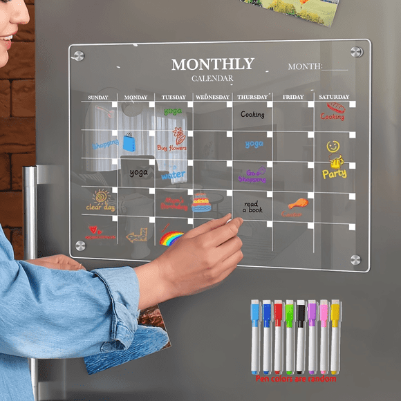 HLONK 2025 Nouveau Calendrier Magnétique en Acrylique pour Réfrigérateur Effaçable à Sec Tableau Blanc Coloré et Clair avec Marqueur Idéal pour la Maison et le Bureau 1 Pce