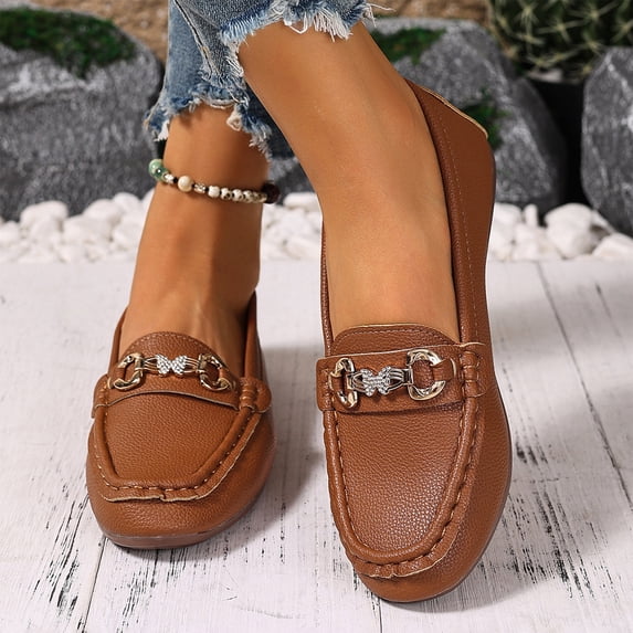 IEMIEMIEM Loafers for Women Comfortable Slip on Non Slip Casual Business Flat Penny Shoes for Walking, Driving, Dressy, Work, Vacation Brown 10 Wide
