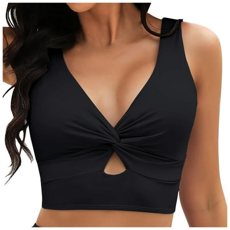 Kiittyyyy Black Cropped Swim Tops - Swimsuit Tops for Women Plus Size on Sale Push Up Bikini Top Sexy Twist Ruced Front Womens Bathing Suit Tops With Bra