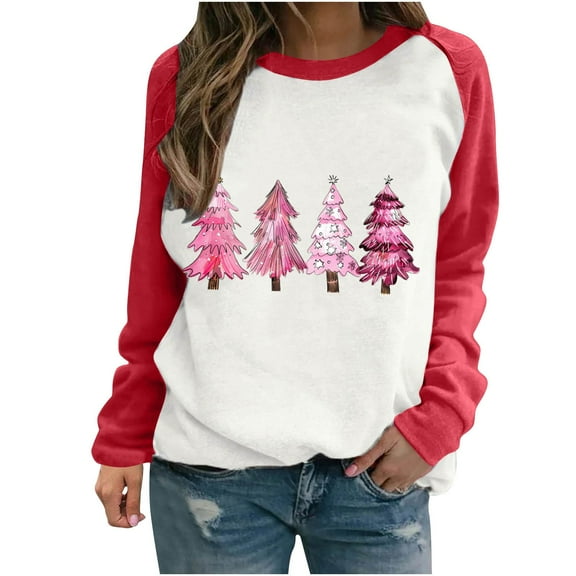asdoklhq Christmas Sweaters for Women Trendy Women's Casual Long-sleeved Pullover Round Neck Fashion Printed Top Red S