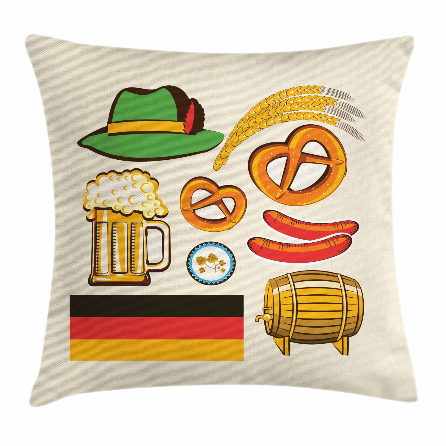 German Throw Pillow Cushion Cover, Oktoberfest Symbols Wheat Sausage