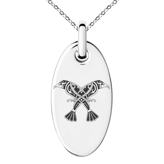 Stainless Steel Huginn & Muninn Odin's Twin Ravens Engraved Small Oval Charm Pendant Necklace