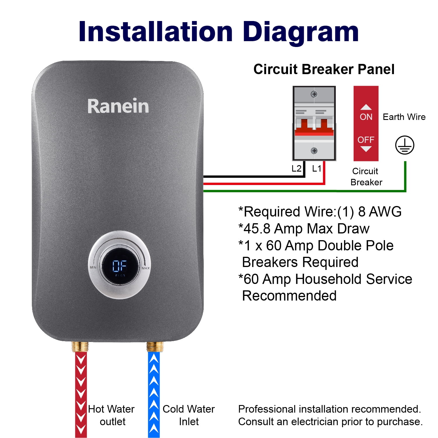Ranein Electric 240 Volts 11000 Watts Tankless Water Heater for Bathroom