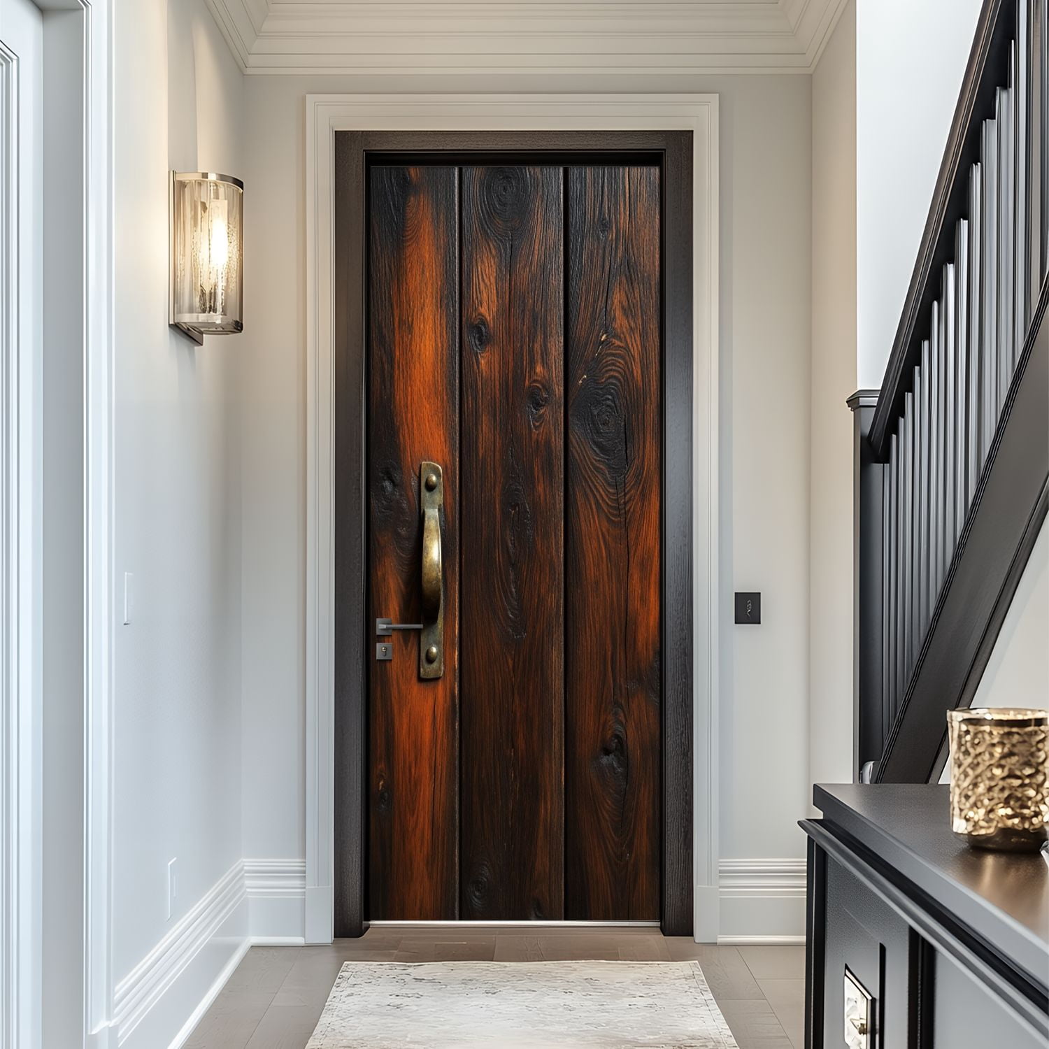 Door Stickers Peel and Stick Door Mural Rustic Dark Wooden Panels Vintage Brass Rustic Removable Wallpaper 30.3''x78.7'' Self-Adhesive Mural for Kitchen Living Room Bedroom Decor
