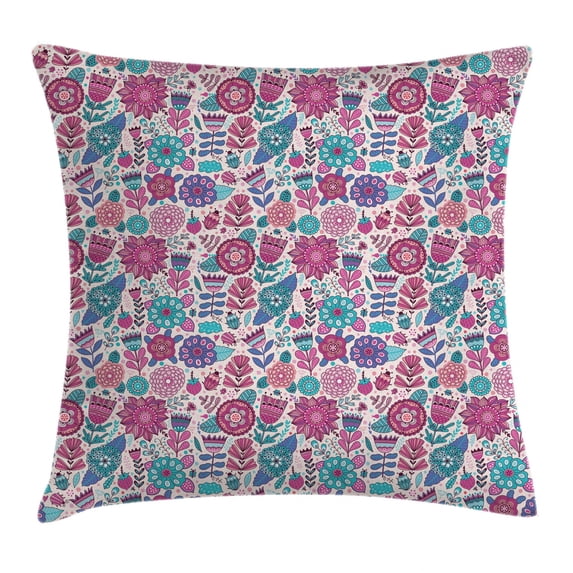 Garden Decor Throw Pillow Cushion Cover, Doodle Peonies Tulips Berries Bugs Botanic Artistic Display, Decorative Square Accent Pillow Case, 24 X 24 Inches, Sky Blue Magenta Violet Blue, by Ambesonne