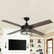 Parrot Uncle 52" Wood 4-Blade Matte Black Crystal Ceiling Fan with Remote