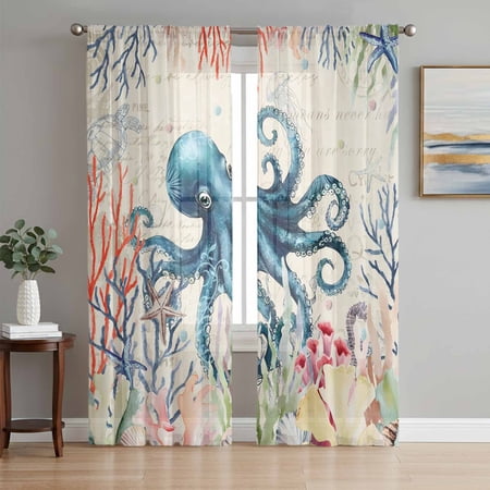 Coastal Nautical Octopus Semi Sheer Curtains 96 Inch Length 2 Panels Set Oceans Corals Jellyfish Starfish Sheer Kitchen Curtain Privacy Voile Window Curtain for Living Room Bedroom Rod Pocket Drapes