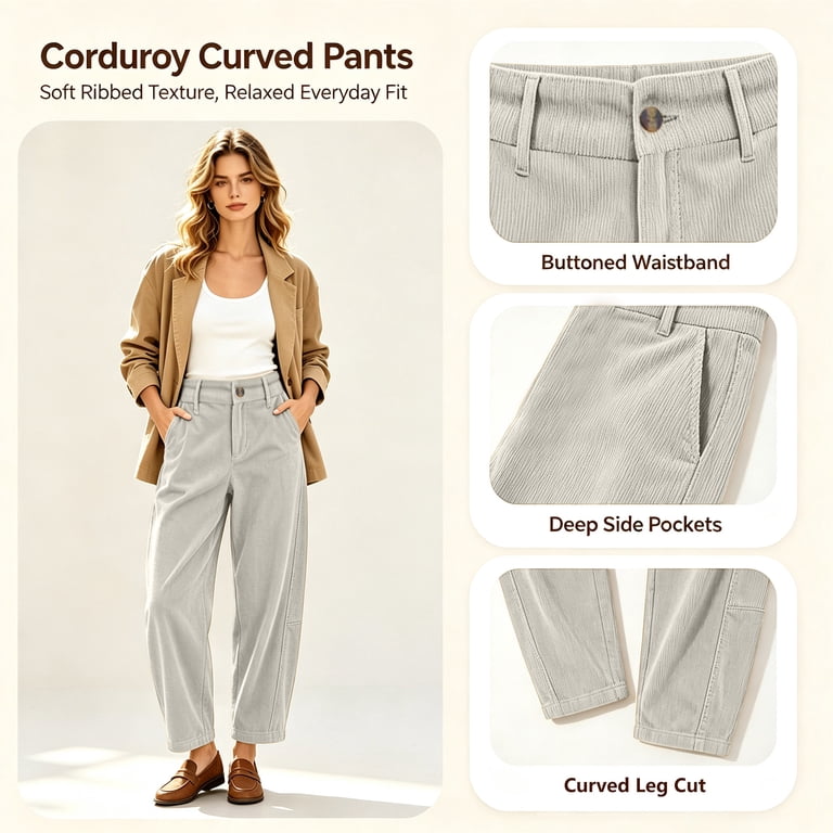 Zorvyno Women High Waist Cropped Corduroy Barrel Pants, Solid Color ...