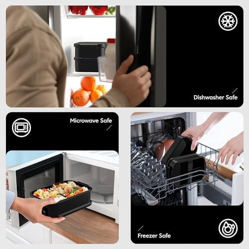 Adult Bento Box Lunch Box - Large Style Stackable Bento Lunch Box for Adults, 72oz All-in-One 3 Layers Bento Boxes Leak-Proof Lunchbox with Utensil Sauce Containers for Dining Out,Work, Black