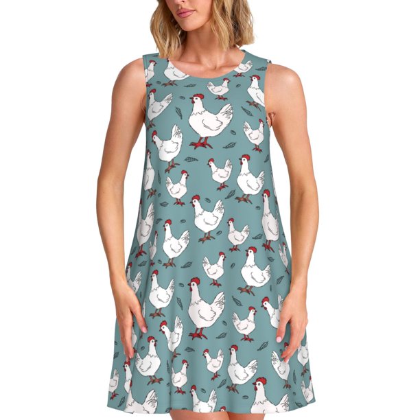 Fotbe Funny Chicken Vestido de Verano sin Mangas para Mujer – Vestido Midi Línea A, Estilo Camiseta Floral, Vestido Playero Casual y Fluido