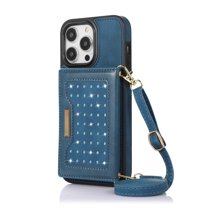 ELEHOLD Stylish Wallet Case for iPhone 14 Pro Max Flip Card Slots Diamond Bling Sparkle Design RFID Function Detachable Shoulder Strap Girls Women Purse Case 6.7 inch,Blue