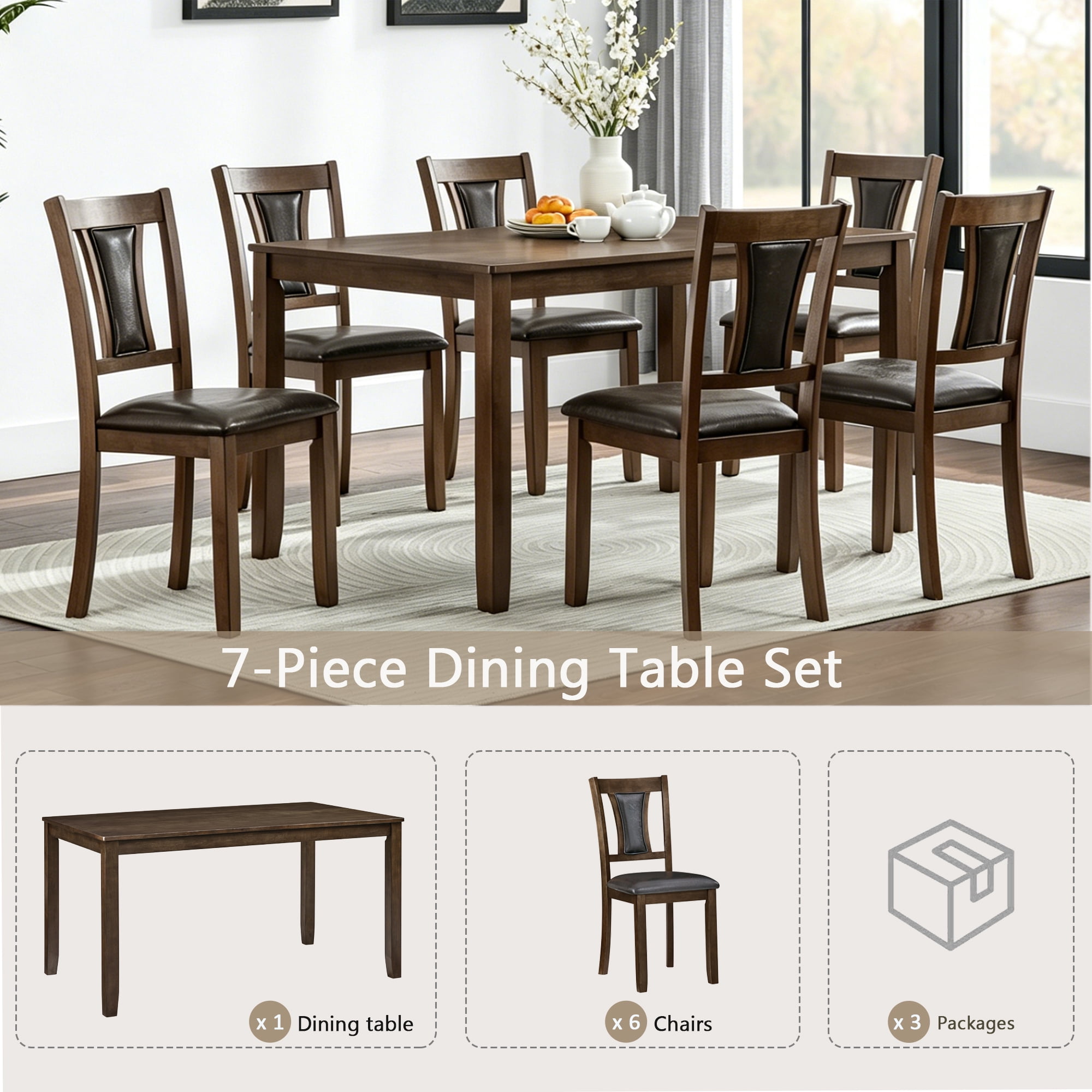 BSHTI 58.5" Walnut Wood 7-Piece Dining Table Set with 6 Upholstered Chairs, Stable Structure, Comfortable Seating for Dining Room(Walnut)