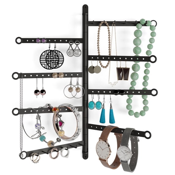 Wallniture Paloma Wall Mounted Jewelry Organizer 12 Hooks Necklaces Holder 60 Stud Earrings Bracelet Hanger Watch Storage Display Rack, Metal, Black
