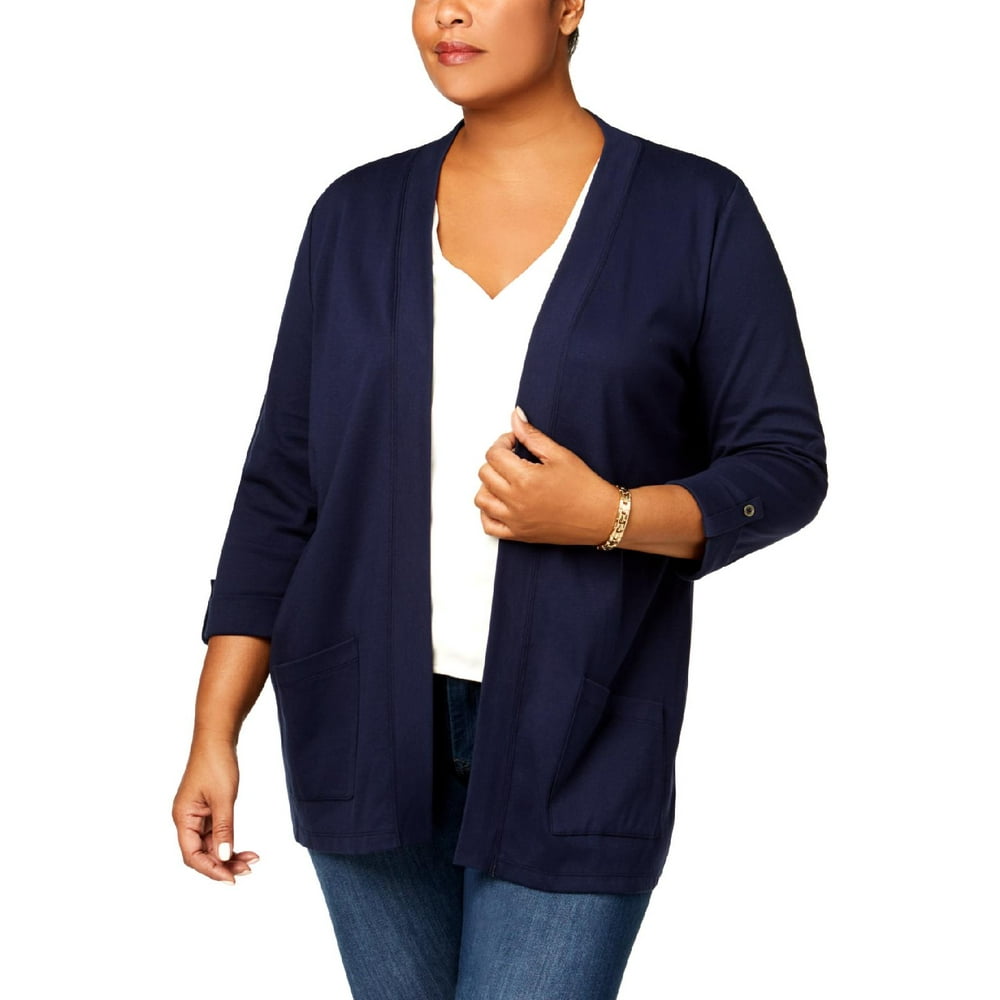 Karen Scott KAREN SCOTT Womens Navy 3/4 Sleeve Open Cardigan Top Plus