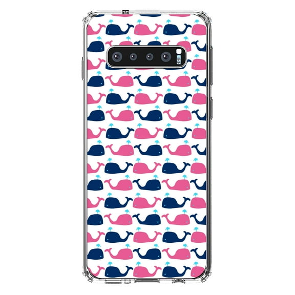 DistinctInk Clear Shockproof Hybrid Case for Samsung Galaxy S10  PLUS(6.4" Screen) - TPU Bumper, Acrylic Back, Tempered Glass Screen Protector - Pink Navy Cartoon Whales - Cartoon Whales