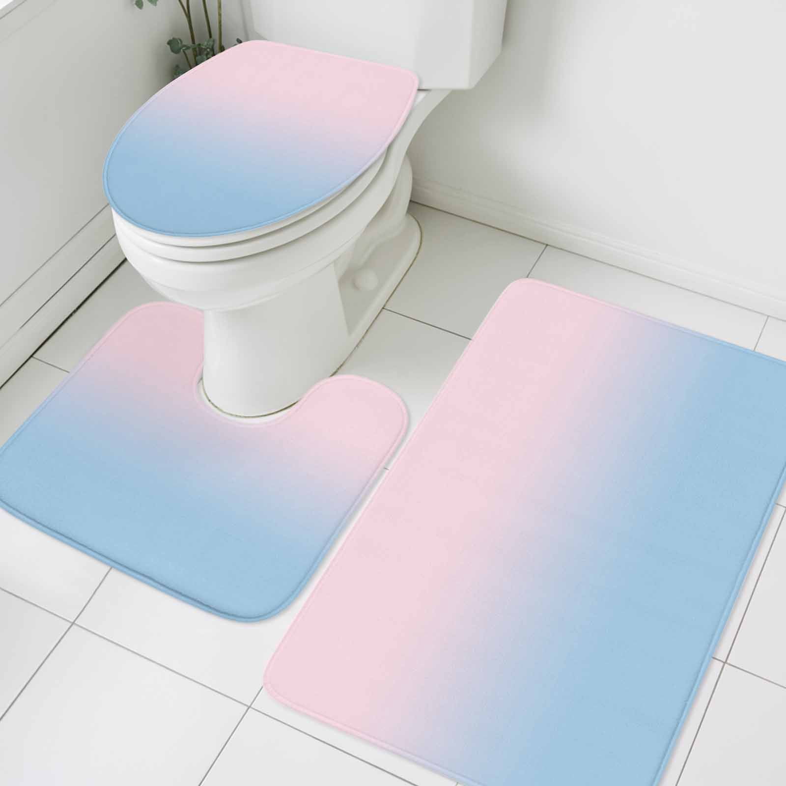 Pink Blue Ombre Bath Mat 3 Piece Bathroom Rug Set, Pink Gradient Color Modern Abstract Art Non Slip Bath Rug Contour Mat and Toilet Lid Cover, Absorbent Shower Mats Soft Bath Rugs and Mats Sets