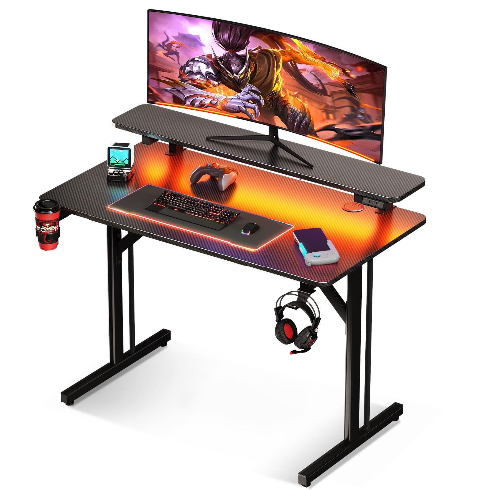 31 inch Gaming Desk with Monitor Stand, T- Shaped Carbon Fiber Surface Computer Desk with Double Headphone Hooks, USB Gaming Rack & Cup Holder, Black