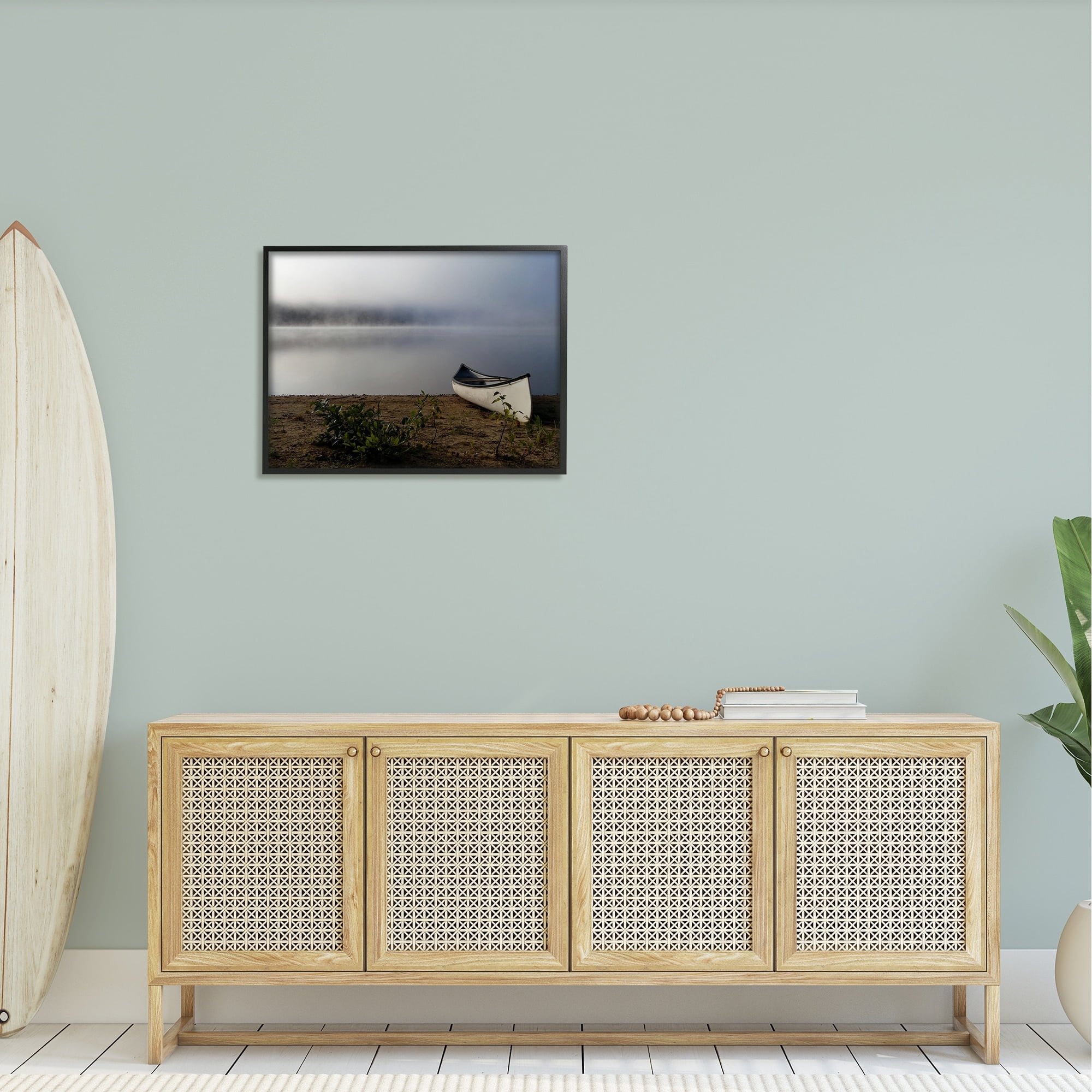 Stupell Industries Lone Canoe Tranquil Foggy Lake Beach Weather Photograph Black Framed Art Print Wall Art, Design by Daphne Polselli
