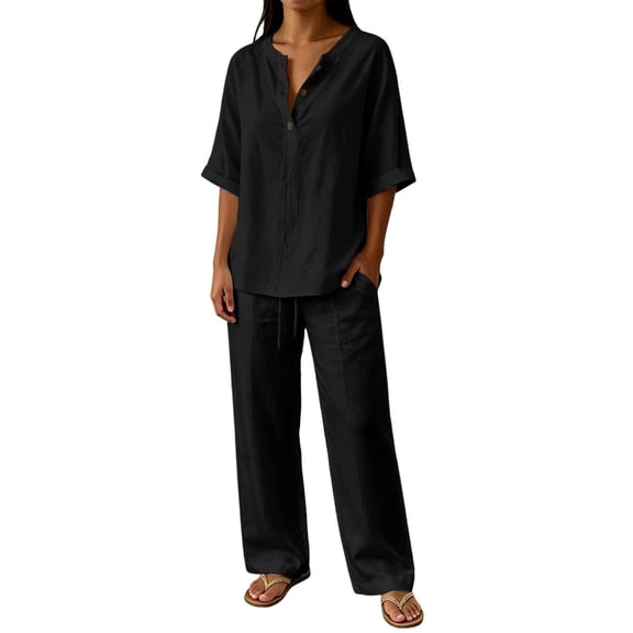 Linen Sets For Women 2 Piece,Womens Casual Summer Outfits V Neck Short Sleeve Button Down Short Sleeve Shirt Wide Leg Pants Sets Black L