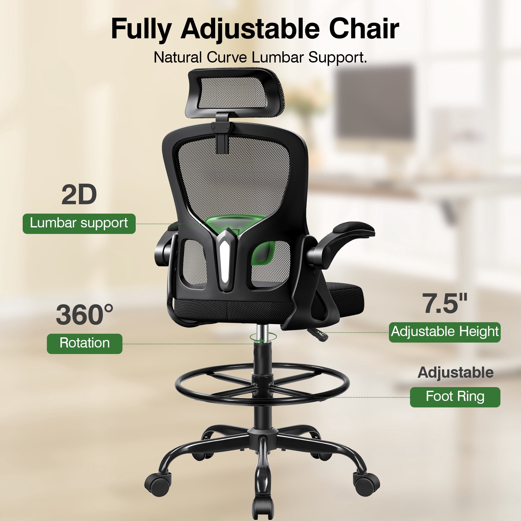 ATHOPE Office Chair Ergonomic Desk Chairs, Mesh Computer Chair with Headrest and Flip-up Arms, Adjustable Home Office Desk Chair with Lumbar Support Footrest Ring for Standing Desk, Black