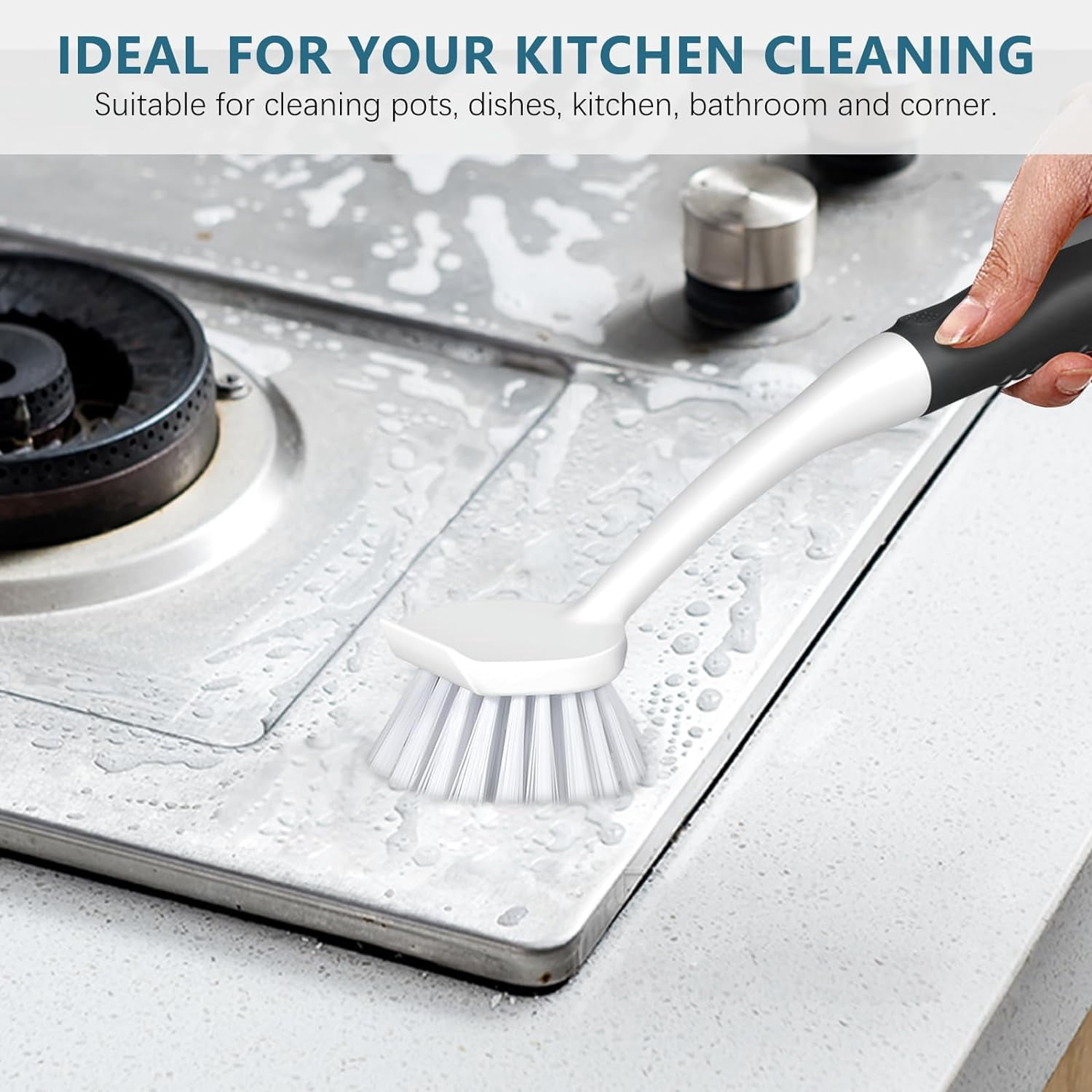 Dish Brush Set of 3 with Bottle Brush, Scrub Long Handle Deep Cleaning Scraper Tip for Kitchen Sink Dishes Cup Pot and Pans Tile Lines,