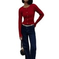 thumbnail image 3 of Women Elegant Round Neck Long Sleeve Button Down Cropped Knitted Cardigan Fall Slim Fit Sweaters Tops Red L, 3 of 10