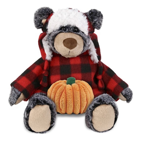 DolliBu Super Soft Red Plaid Outfit Black Bear Stuffed Animal with Pumpkin Decor - Pumpkin Plush Animal for Fall, Halloween and Thanksgiving, Pumpkin Toy for Baby, Kids, Adults - 9 Inches