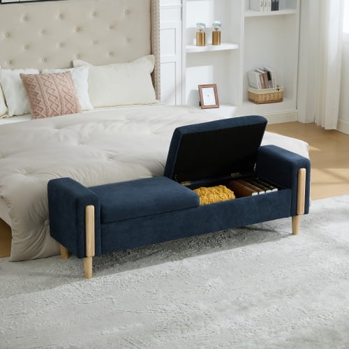 65.67" Wide Modern Upholstered Storage Bench with Double Lids and Armrest, Chenille Fabric, Rubberwood Legs, for Living Room, Entryway, Bedroom, Dormitory, Blue