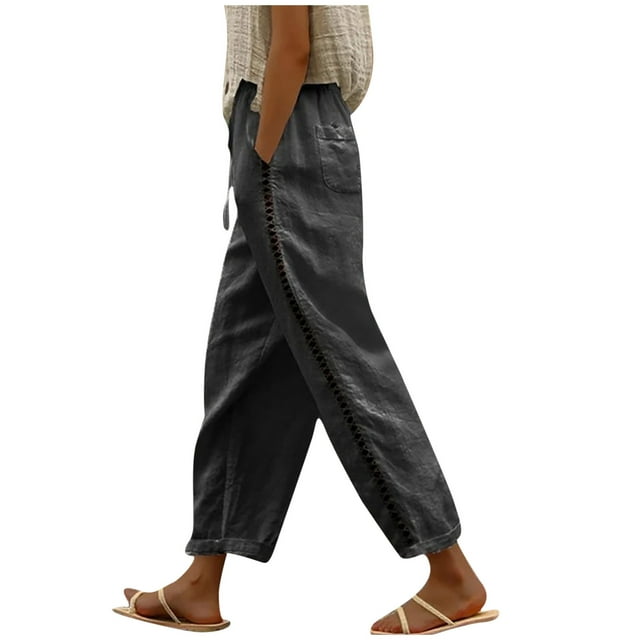Timegard Cotton Linen Pants for Women Plus Size Elastic High Waisted Drawstring Lounge Trousers with Pockets