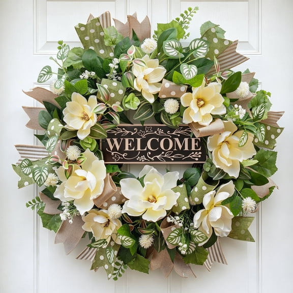 Artificial Magnolia Wreath for Front Door, 24 Inch Half Circle Floral Wreath with Greenery and Decorative Ribbon for Indoor Outdoor Farmhouse Home Decor, 1 Pack Green
