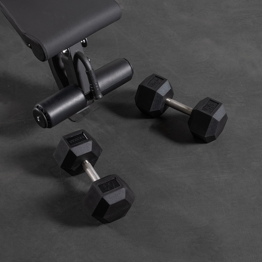 Titan Fitness 90 LB Pair Free Weights, Black Rubber Coated Hex Dumbbell, Straight Stainless Steel Handle, Strength Training, Full Body Workout