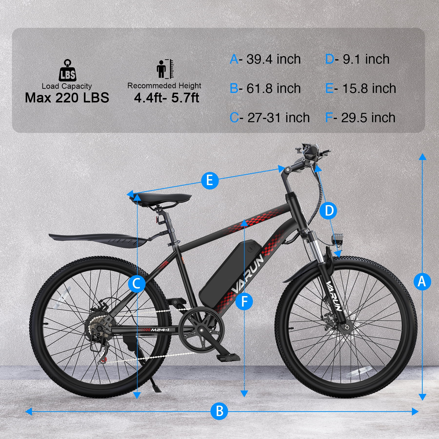 VARUN 24'' Adult E Bike, 350W 20MPH Electric Mountain bike with 36V7.8AH Removable Battery with Fork Suspension and Dual Disc Brakes