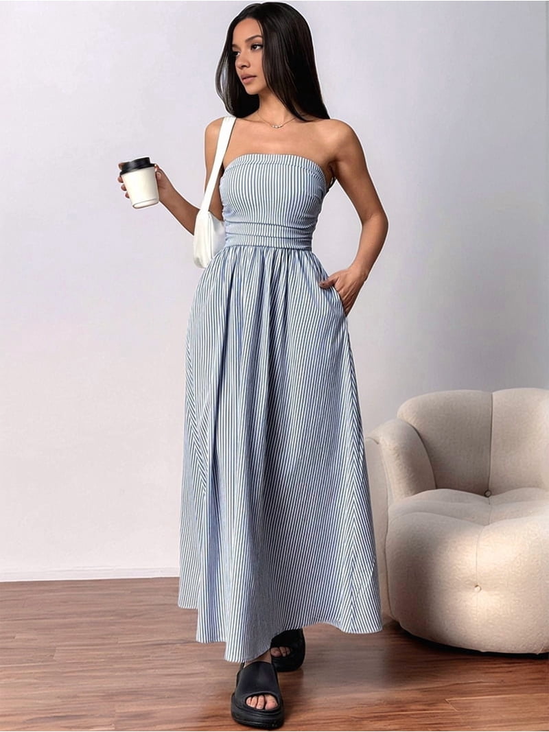 Women Striped Strapless Sleeveless Flowy Summer Casual Tube Maxi Long Dress  with Pockets Blue XL - Walmart.com