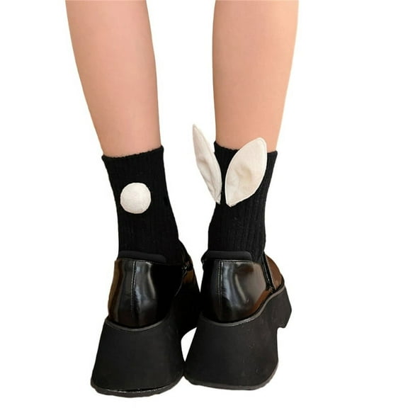 Milue Women Y2K Girl Ribbed Knit Solid Color Cute Rabbit Ears Plush Tail Ankle Socks