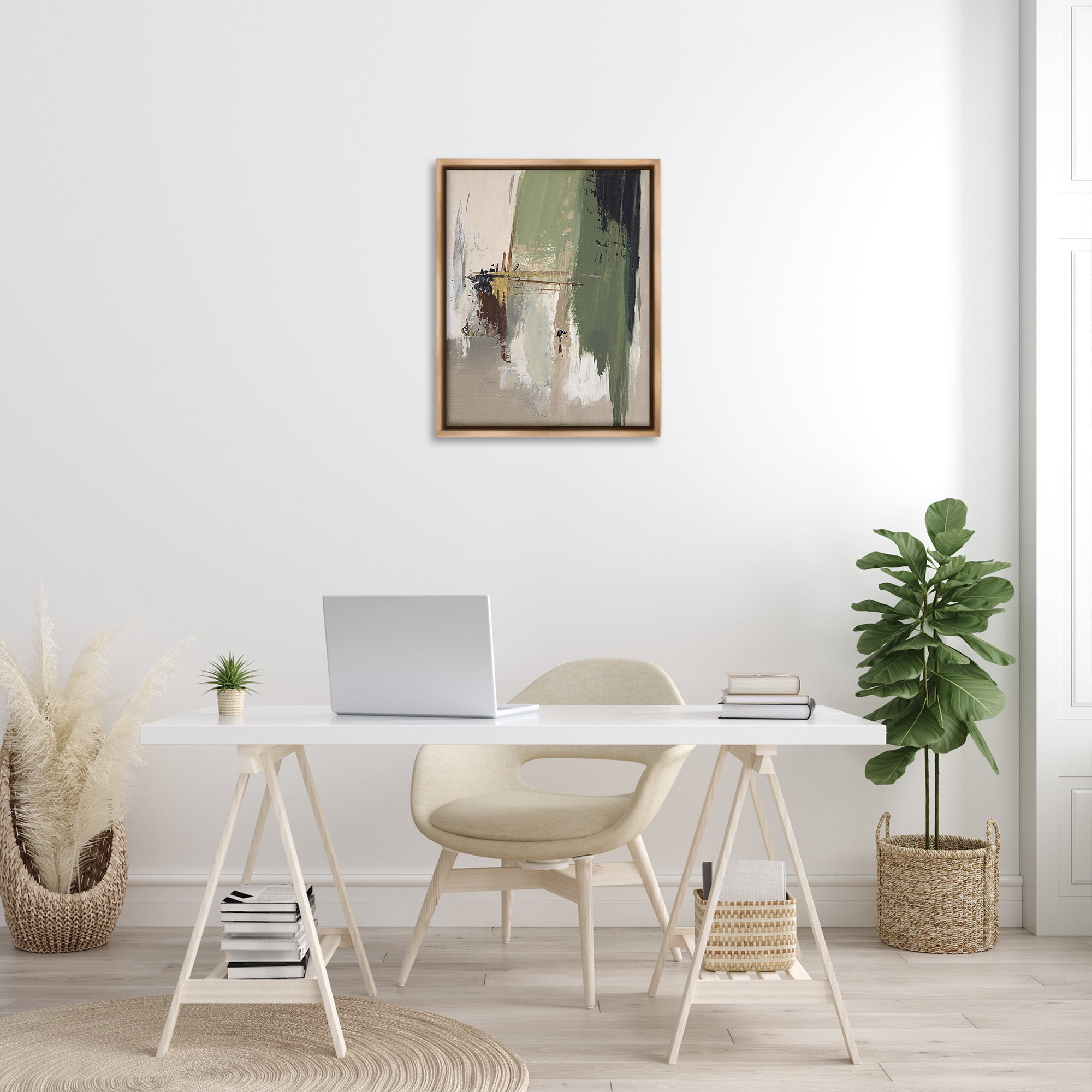 Stupell Industries Green & Tan Brush Strokes Abstract Painting Brown Floater Framed Canvas Art Print Wall Art, 25 x 31